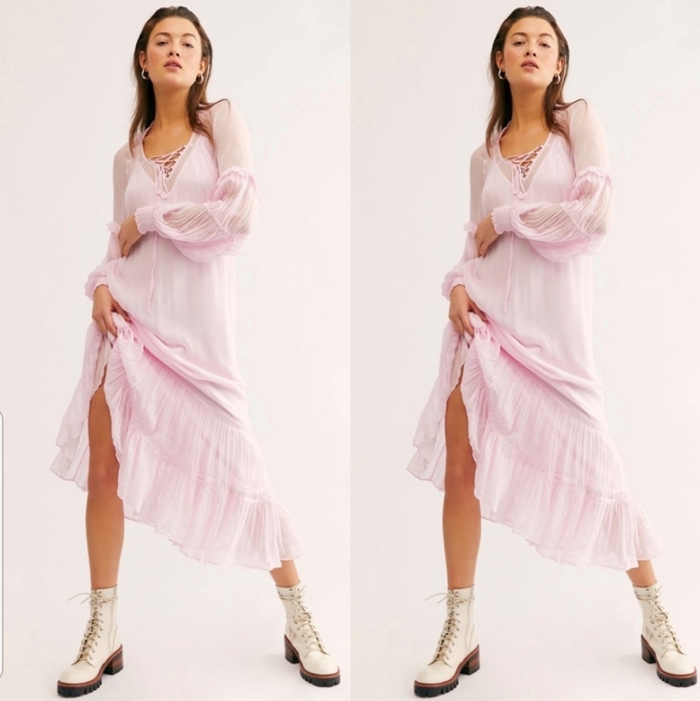 Free People 2 Pc Flowy Tiered Pink Dress Maxi Gown